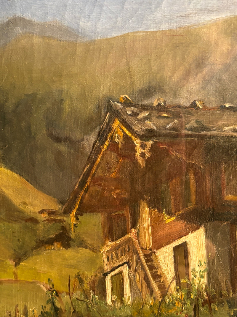 Oil Painting on Cardboard of Mountain Lodge 1950s