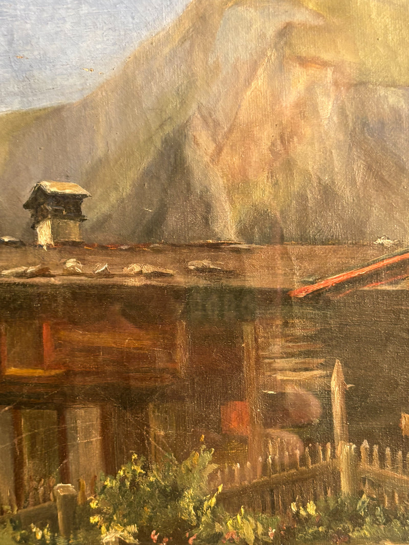 Oil Painting on Cardboard of Mountain Lodge 1950s