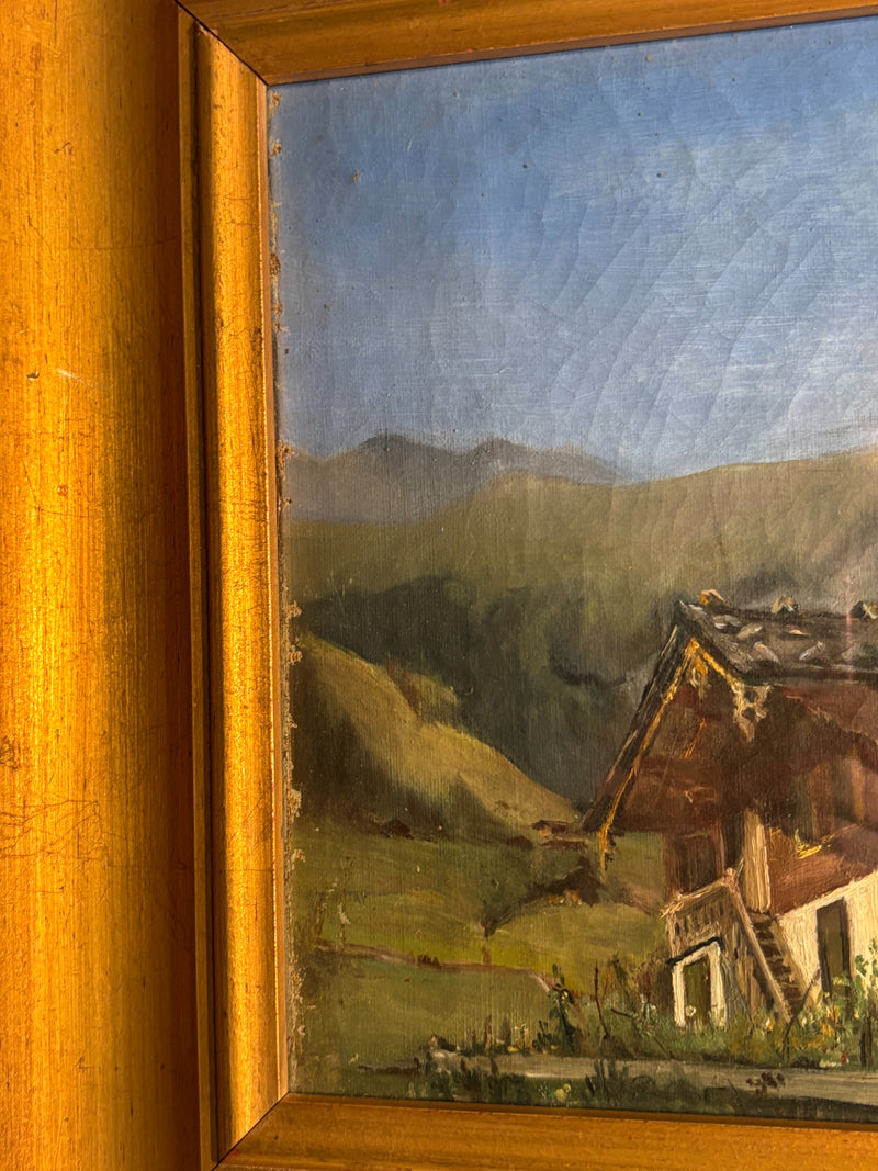 Oil Painting on Cardboard of Mountain Lodge 1950s