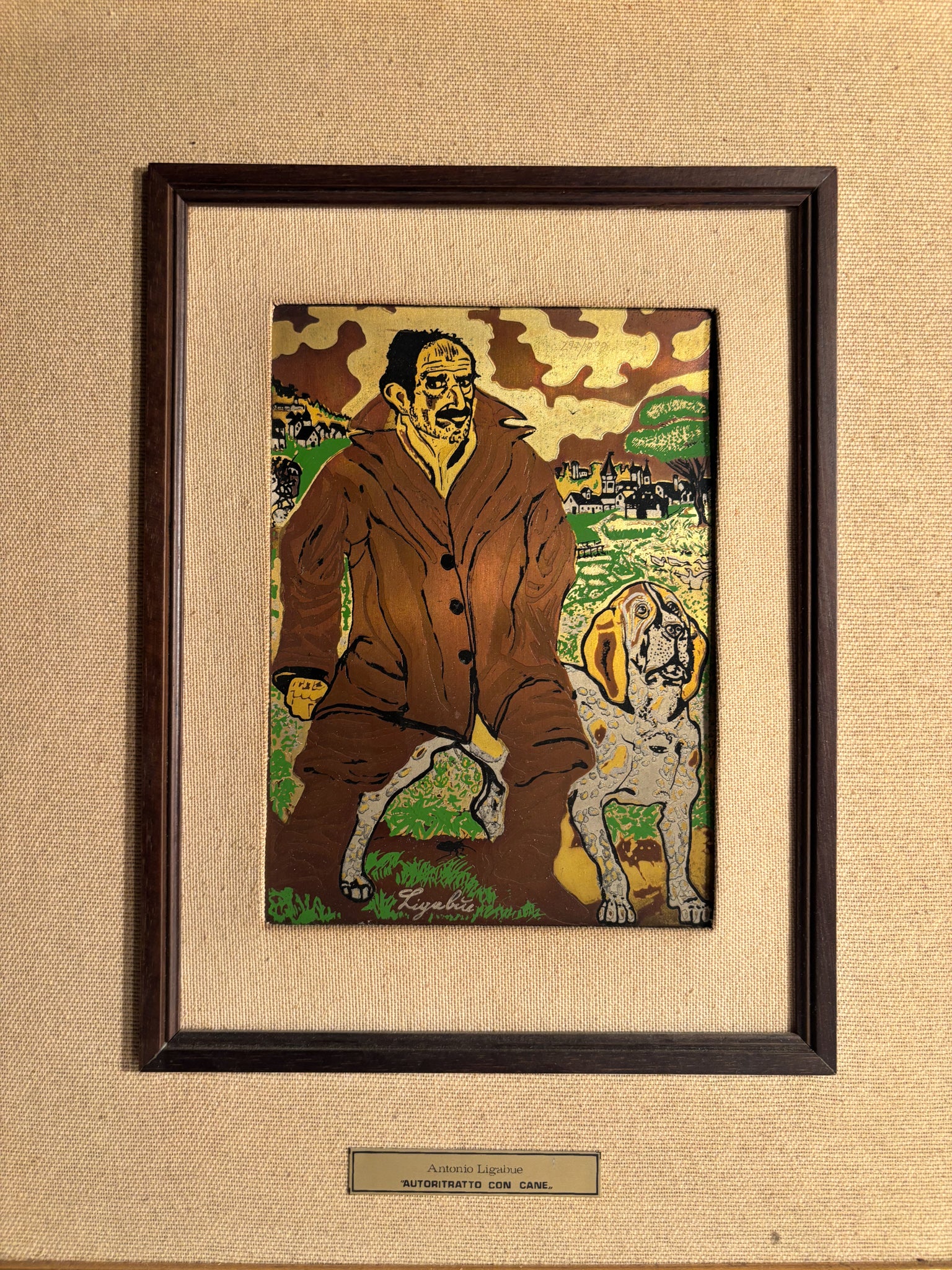 Multiplo on Silver Plate "Self-Portrait with Dog" by Antonio Ligabue 1940s