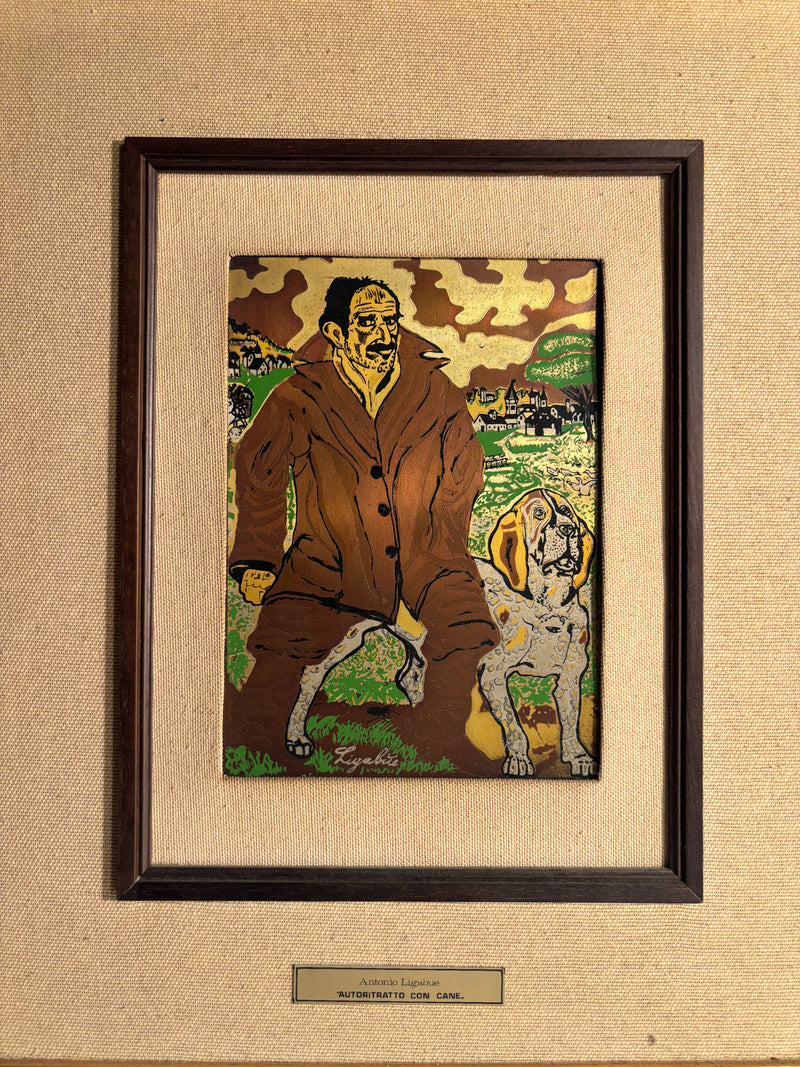 Multiplo on Silver Plate "Self-Portrait with Dog" by Antonio Ligabue 1940s