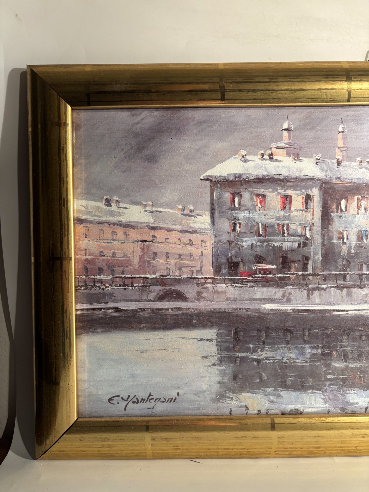 Oil Painting on Cardboard of Naviglio in Milan by Eugenio Mantegani 1980s