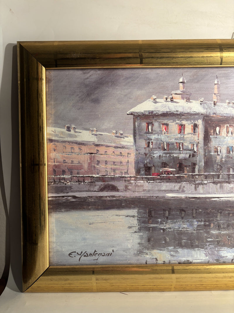 Dipinto Olio su Cartone di Naviglio a Milano di Eugenio Mantegani Anni 80