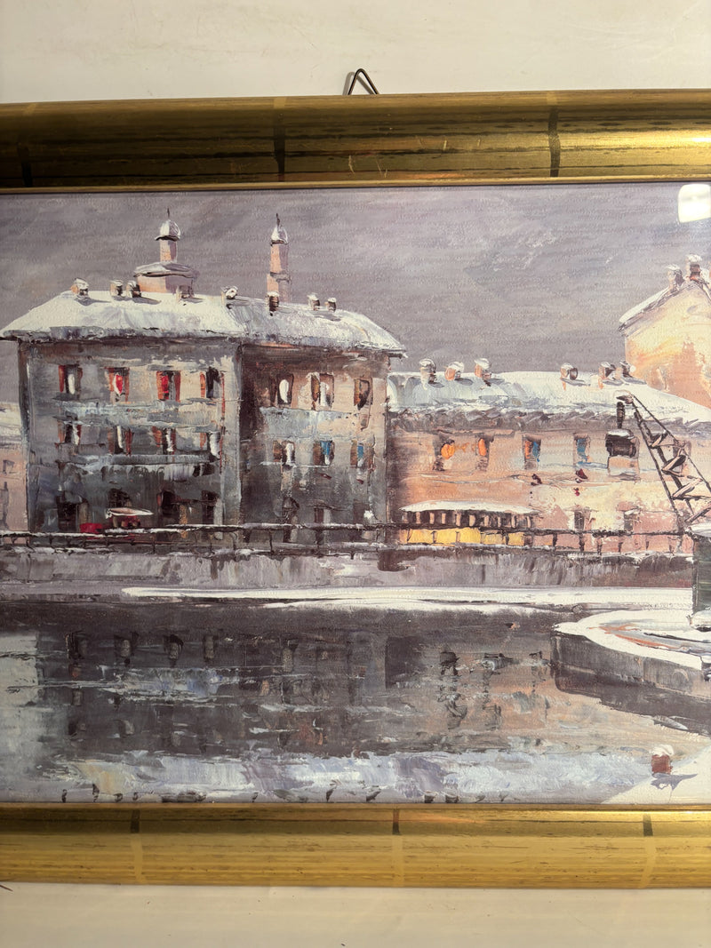 Dipinto Olio su Cartone di Naviglio a Milano di Eugenio Mantegani Anni 80