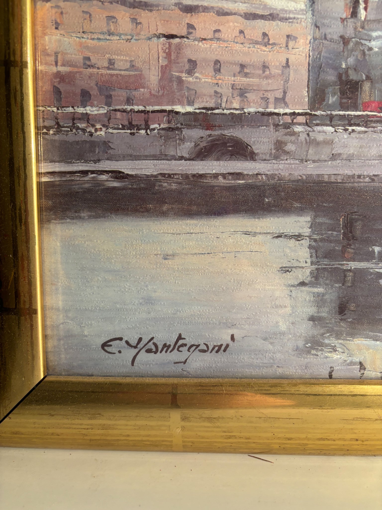 Oil Painting on Cardboard of Naviglio in Milan by Eugenio Mantegani 1980s