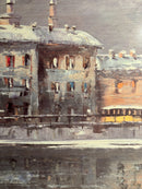 Oil Painting on Cardboard of Naviglio in Milan by Eugenio Mantegani 1980s