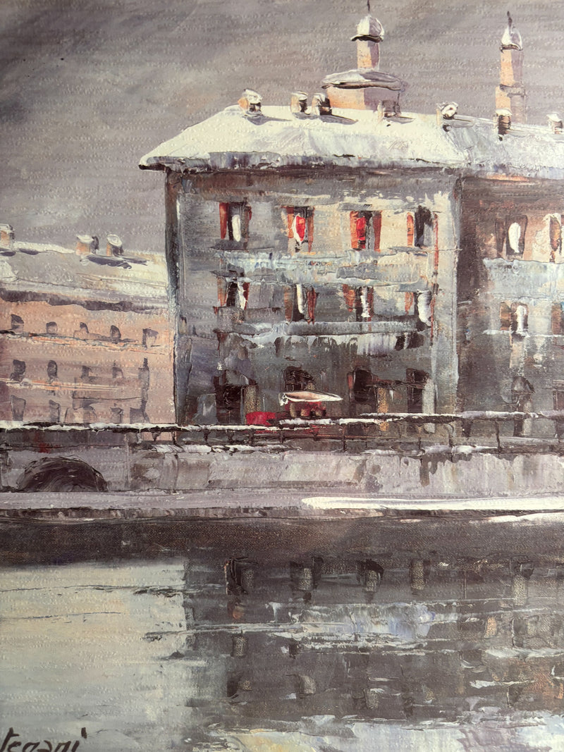 Dipinto Olio su Cartone di Naviglio a Milano di Eugenio Mantegani Anni 80