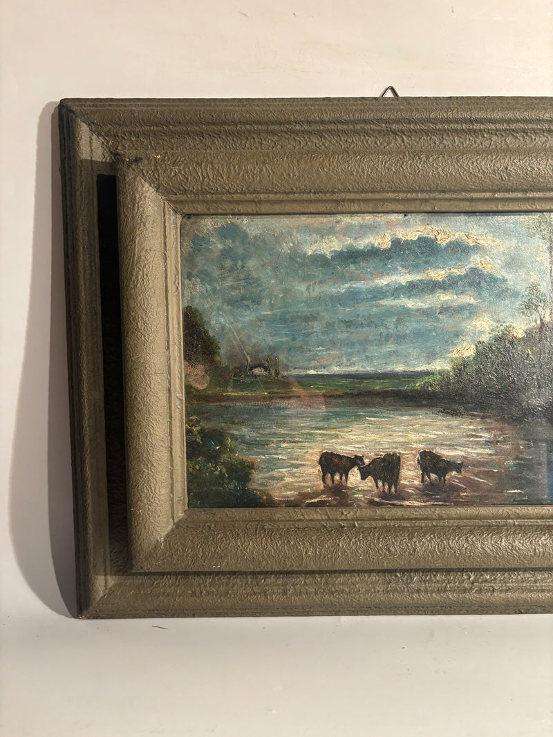 Oil Painting on Panel of Cows at Sunset 1950s