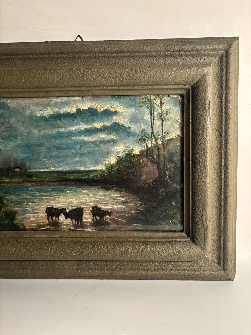 Oil Painting on Panel of Cows at Sunset 1950s