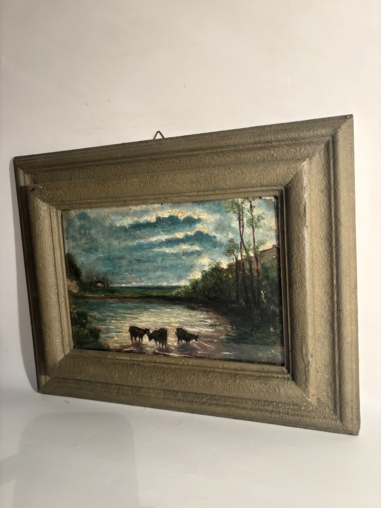 Dipinto Olio su Tavola di Mucche al Tramonto Anni 50