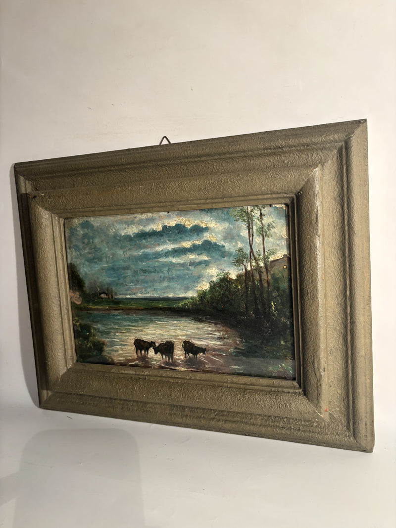 Oil Painting on Panel of Cows at Sunset 1950s