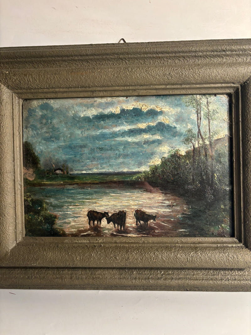 Oil Painting on Panel of Cows at Sunset 1950s