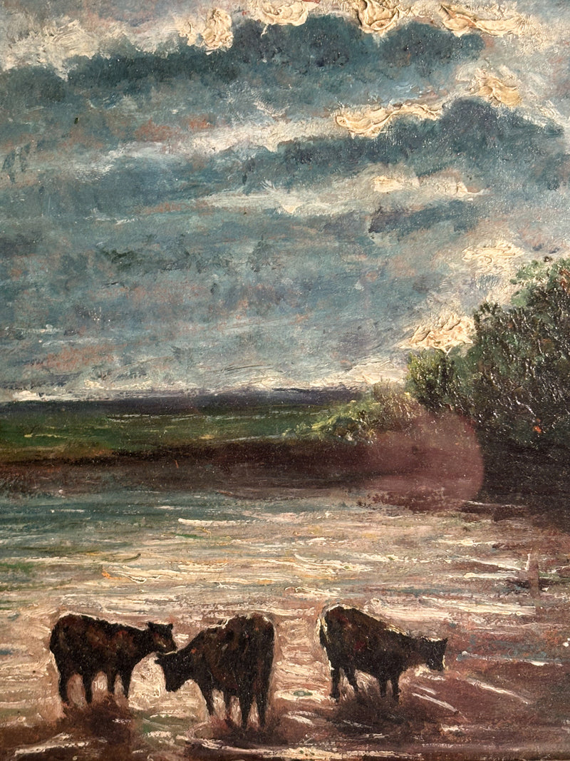 Oil Painting on Panel of Cows at Sunset 1950s