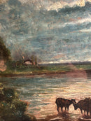 Dipinto Olio su Tavola di Mucche al Tramonto Anni 50