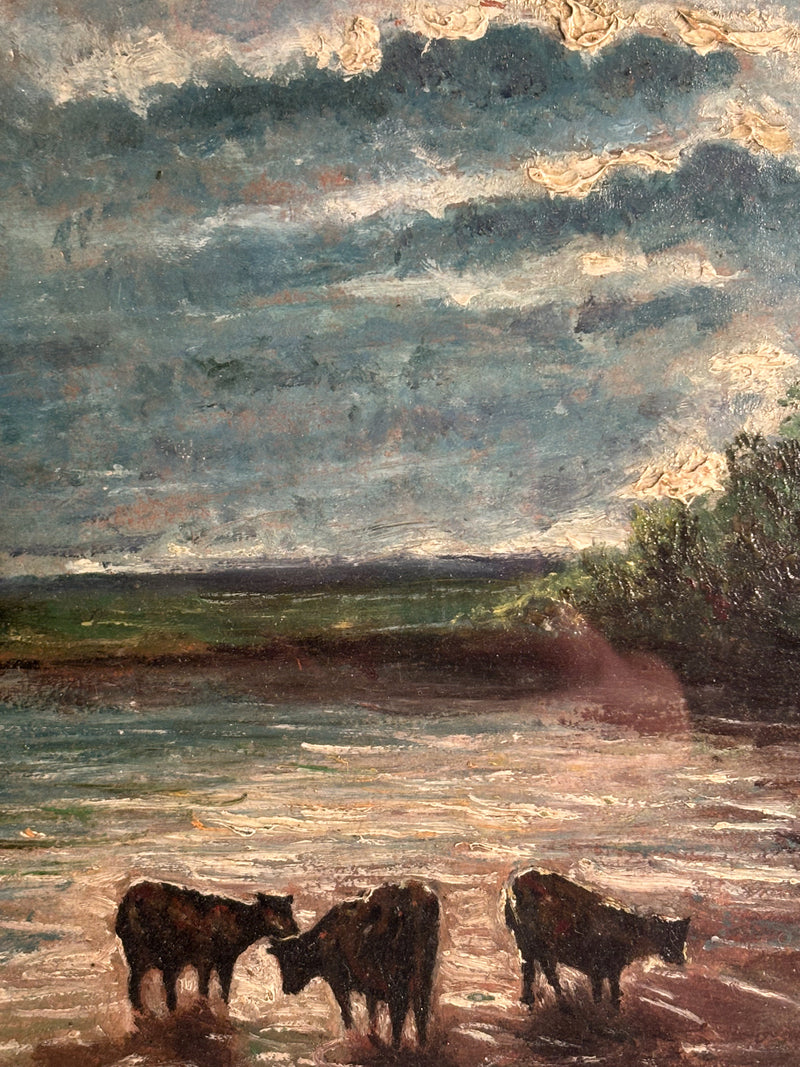 Oil Painting on Panel of Cows at Sunset 1950s