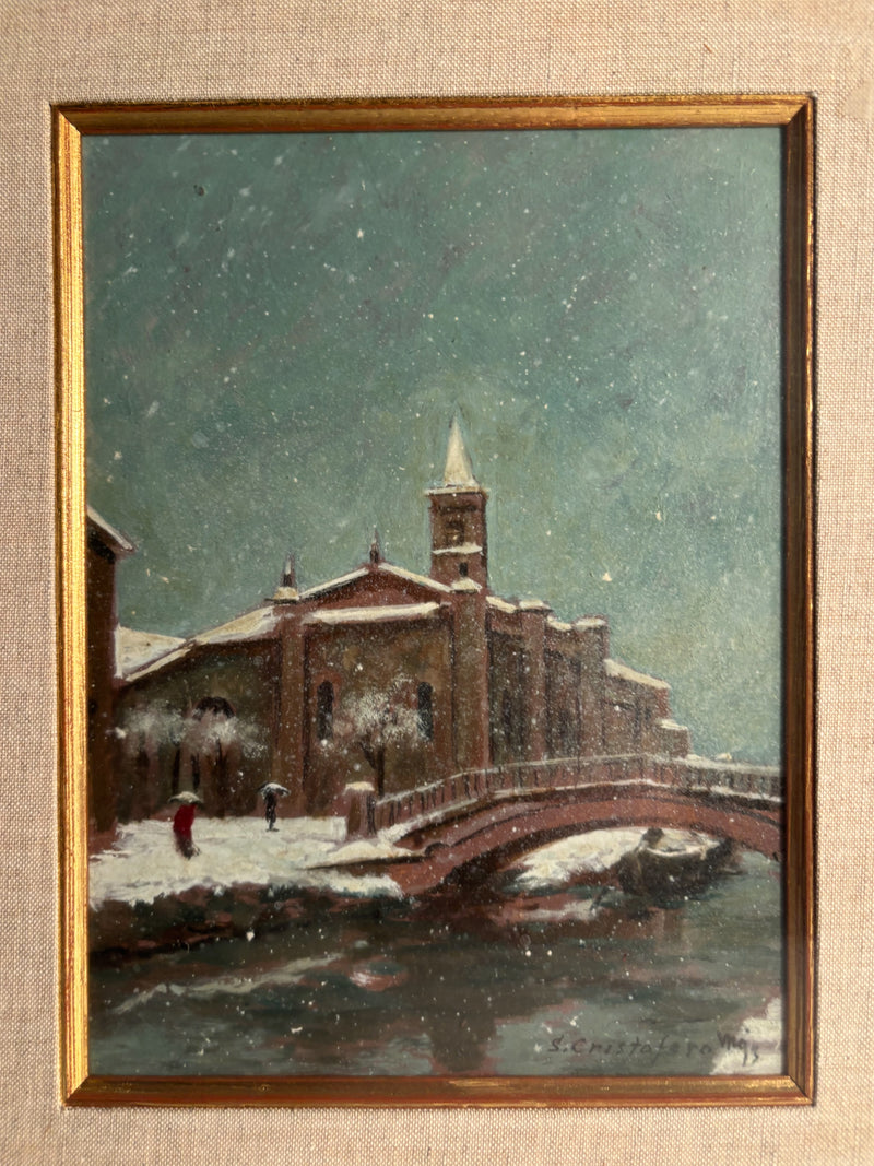 Oil Painting on Cardboard of the Church of San Cristoforo in Milan in Winter