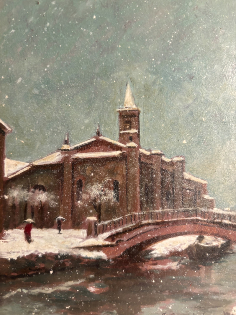 Oil Painting on Cardboard of the Church of San Cristoforo in Milan in Winter