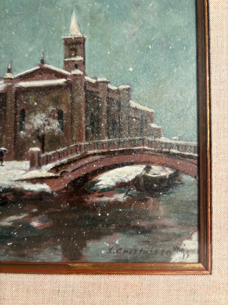 Oil Painting on Cardboard of the Church of San Cristoforo in Milan in Winter