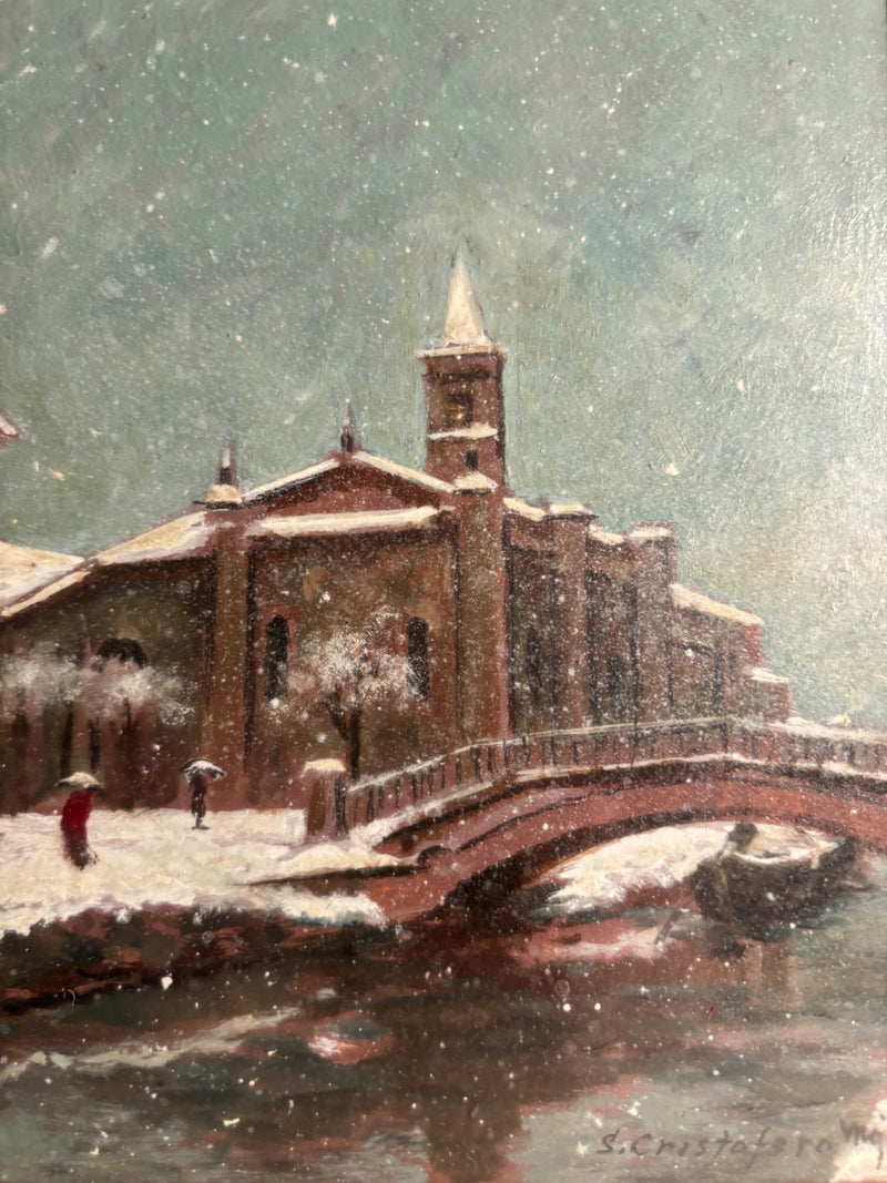 Oil Painting on Cardboard of the Church of San Cristoforo in Milan in Winter