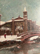 Oil Painting on Cardboard of the Church of San Cristoforo in Milan in Winter