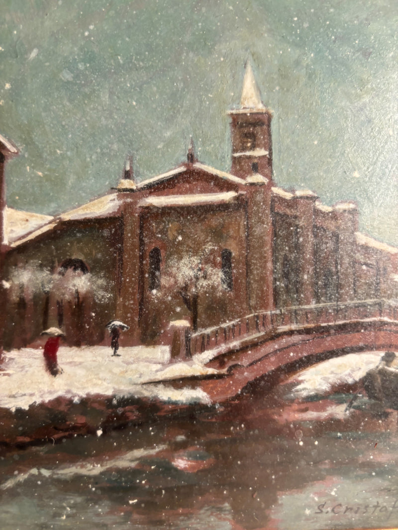 Oil Painting on Cardboard of the Church of San Cristoforo in Milan in Winter