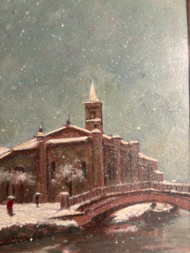 Oil Painting on Cardboard of the Church of San Cristoforo in Milan in Winter