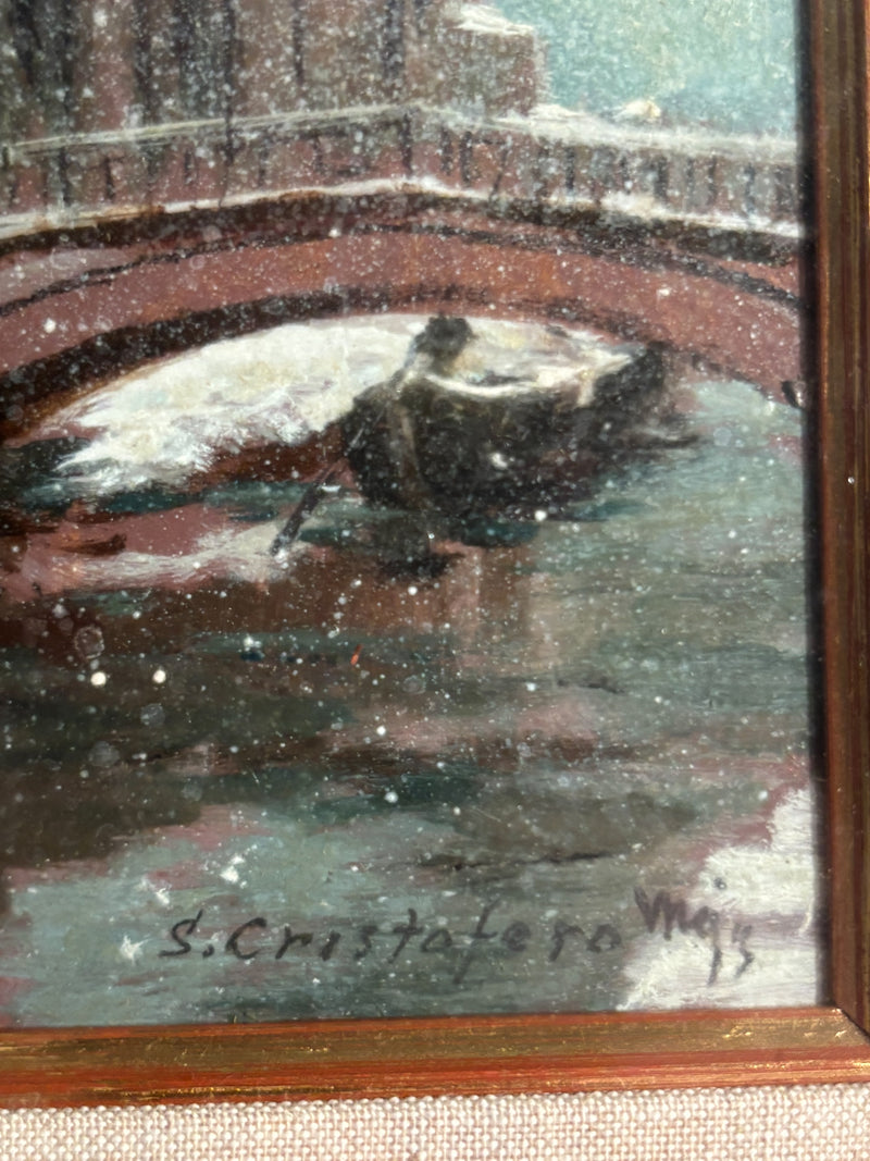 Oil Painting on Cardboard of the Church of San Cristoforo in Milan in Winter