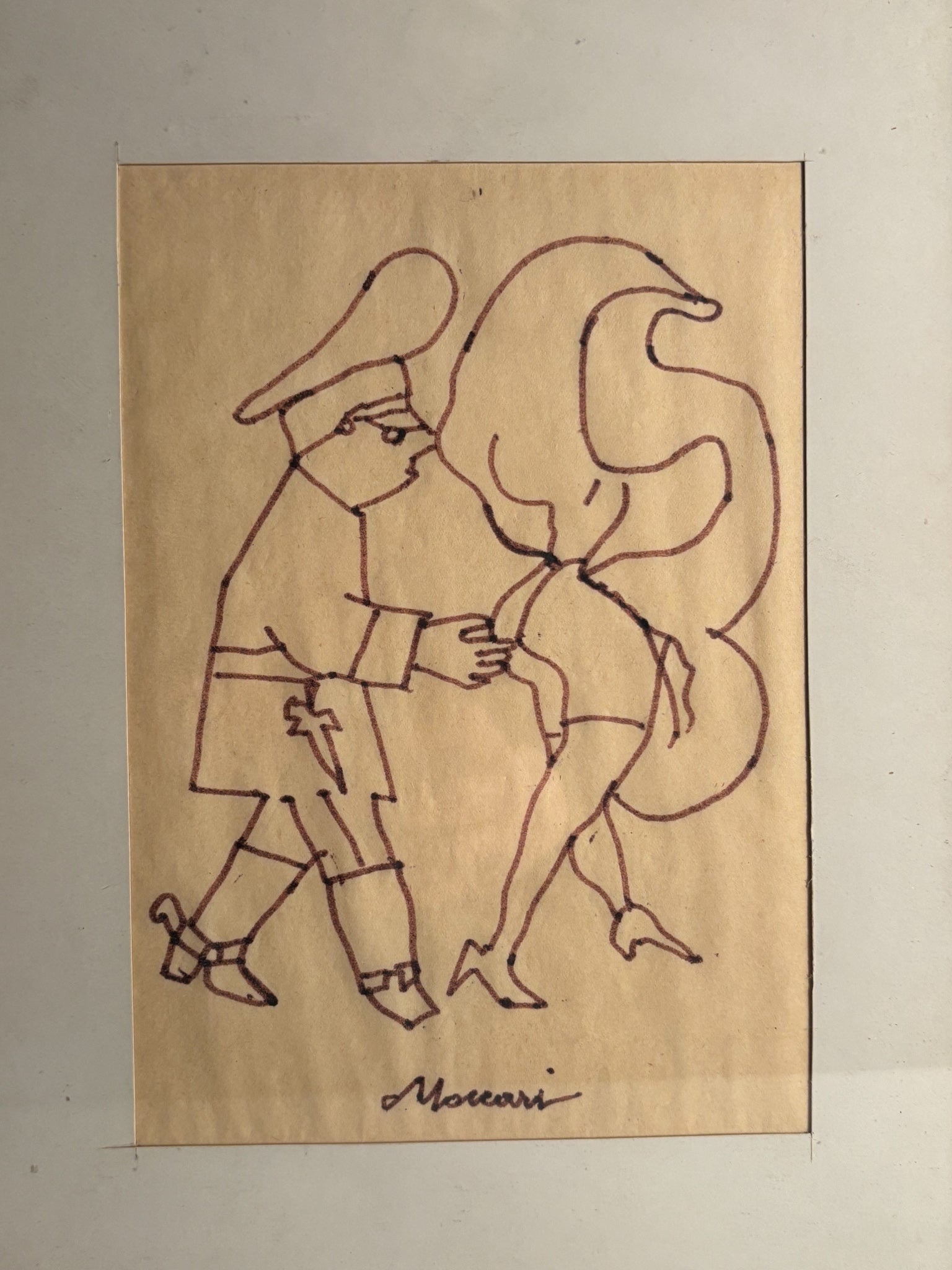 Ink drawing of Policeman with Lady by Mino Maccari 1970s