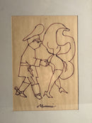 Ink drawing of Policeman with Lady by Mino Maccari 1970s