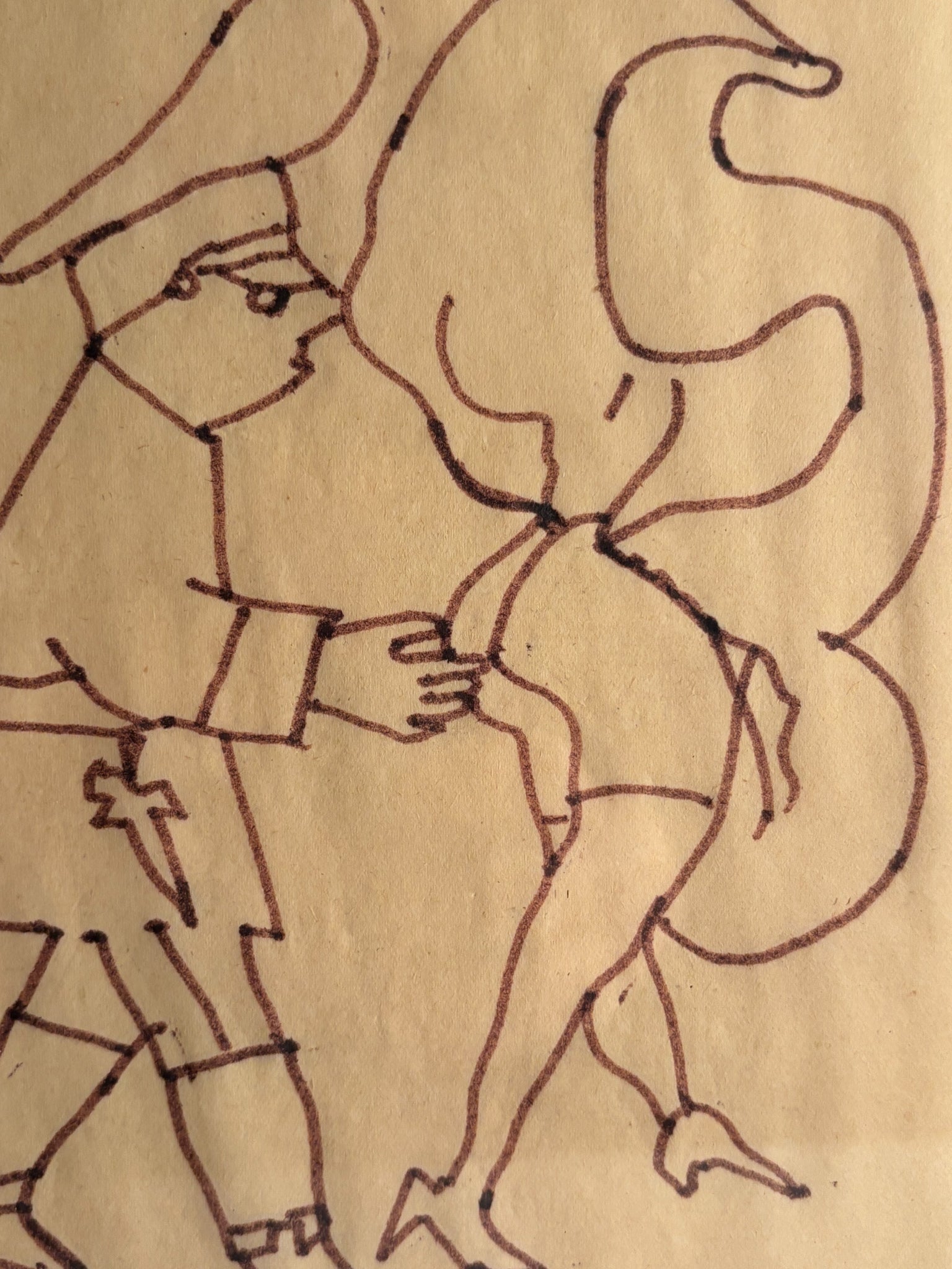 Ink drawing of Policeman with Lady by Mino Maccari 1970s