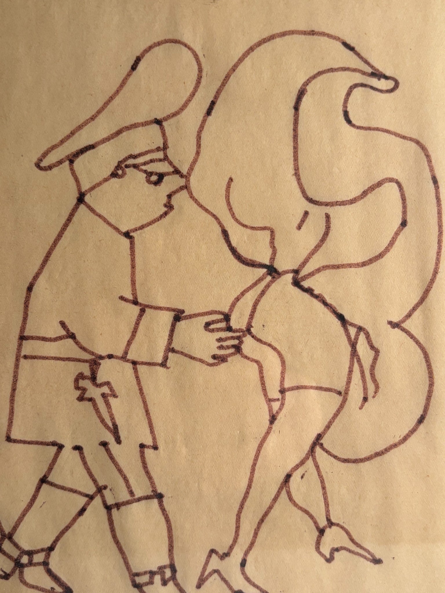 Ink drawing of Policeman with Lady by Mino Maccari 1970s