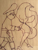 Ink drawing of Policeman with Lady by Mino Maccari 1970s