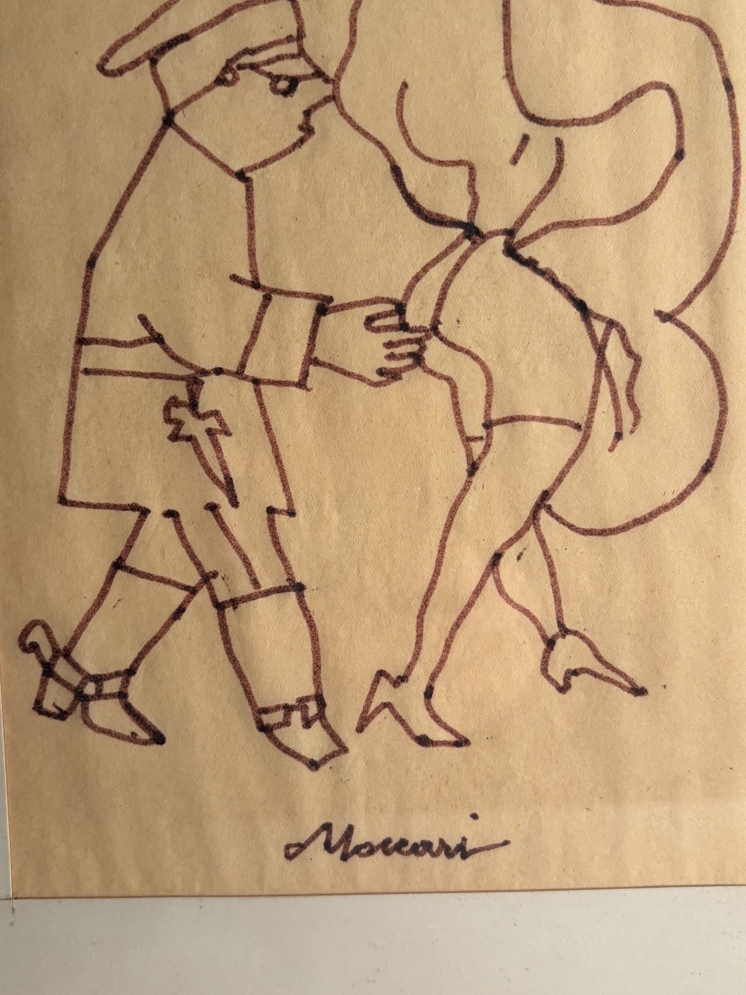 Ink drawing of Policeman with Lady by Mino Maccari 1970s