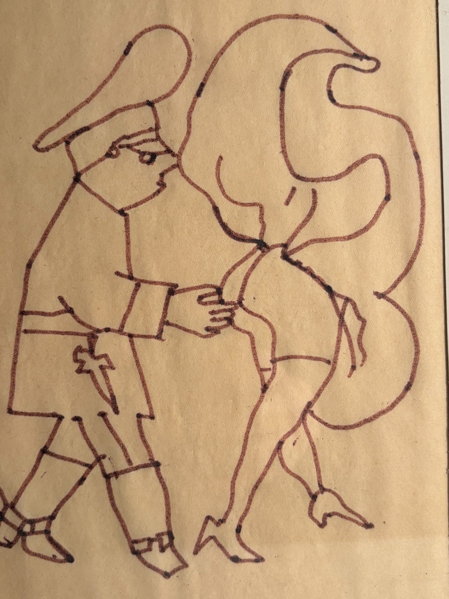 Ink drawing of Policeman with Lady by Mino Maccari 1970s