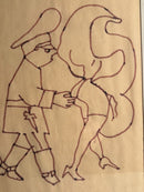 Ink drawing of Policeman with Lady by Mino Maccari 1970s