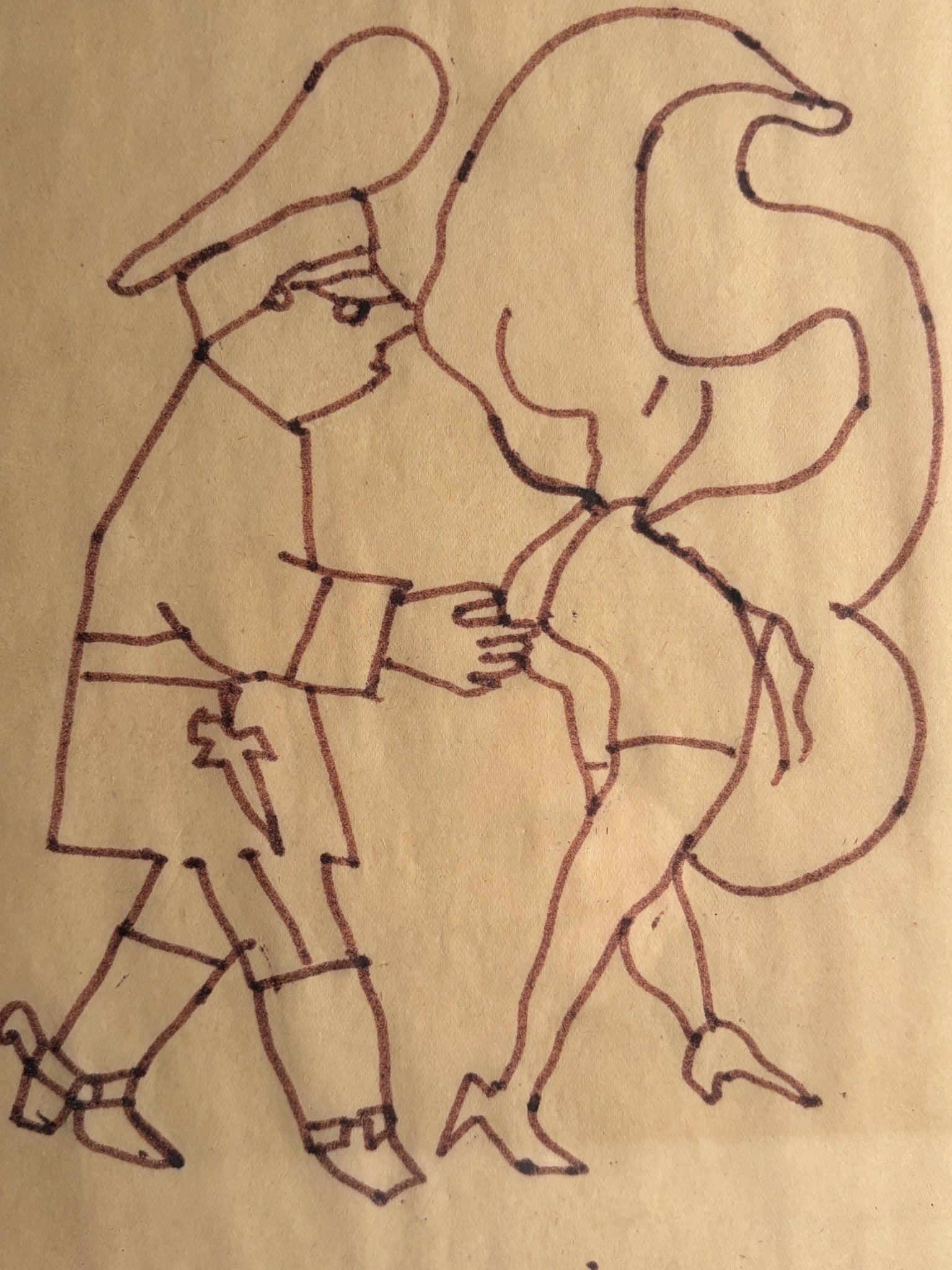 Ink drawing of Policeman with Lady by Mino Maccari 1970s