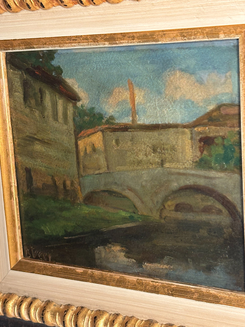 Oil Painting on Cardboard of Bridge over River of Brecci