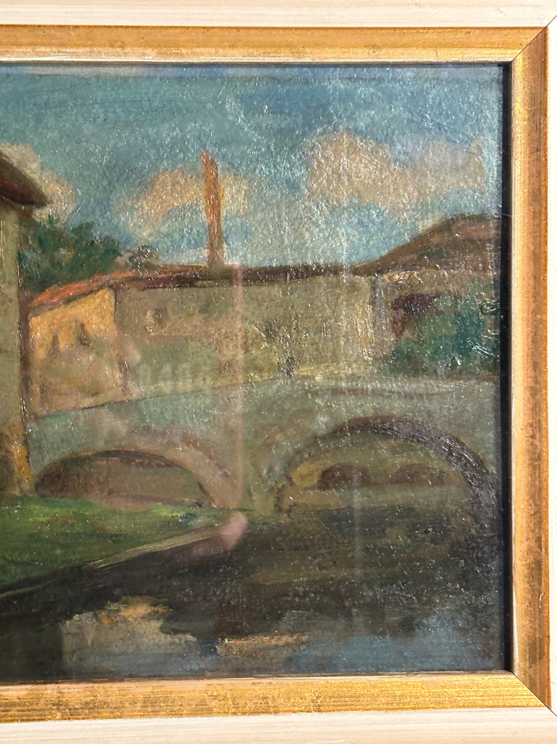 Oil Painting on Cardboard of Bridge over River of Brecci