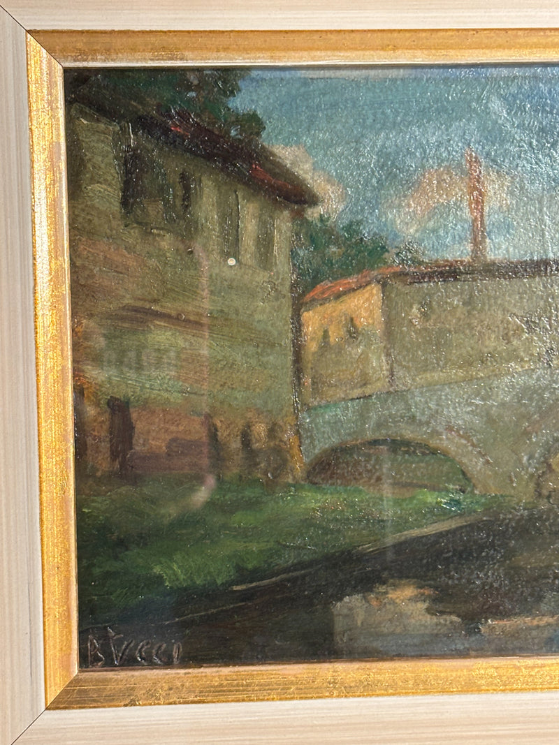 Oil Painting on Cardboard of Bridge over River of Brecci