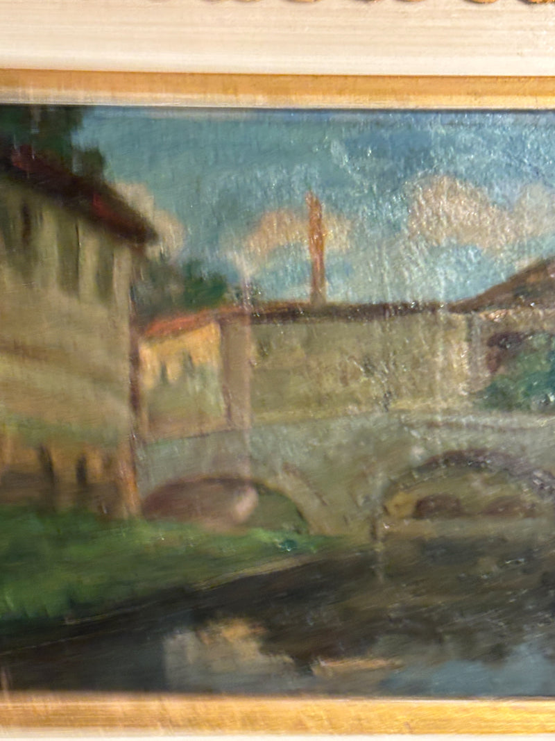 Oil Painting on Cardboard of Bridge over River of Brecci