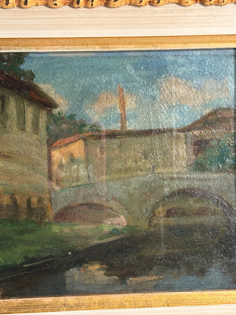 Oil Painting on Cardboard of Bridge over River of Brecci