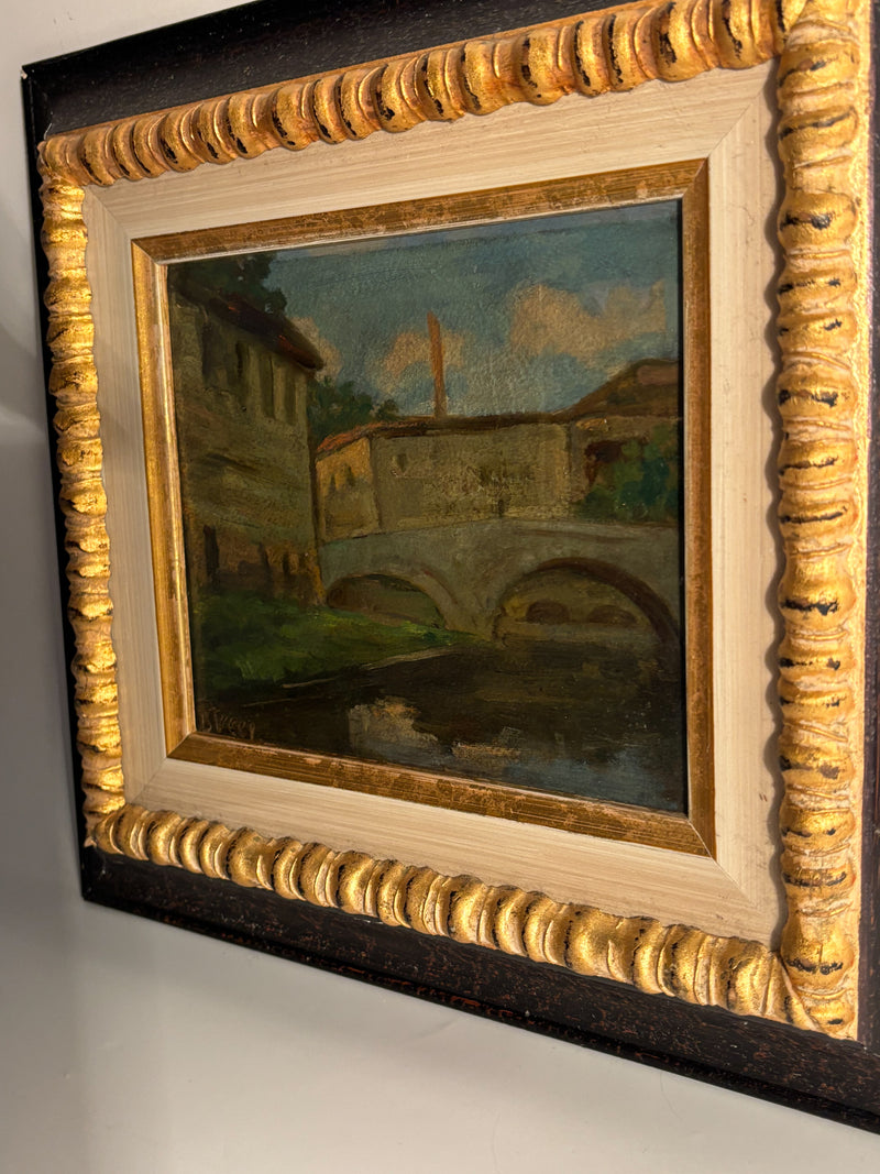 Oil Painting on Cardboard of Bridge over River of Brecci