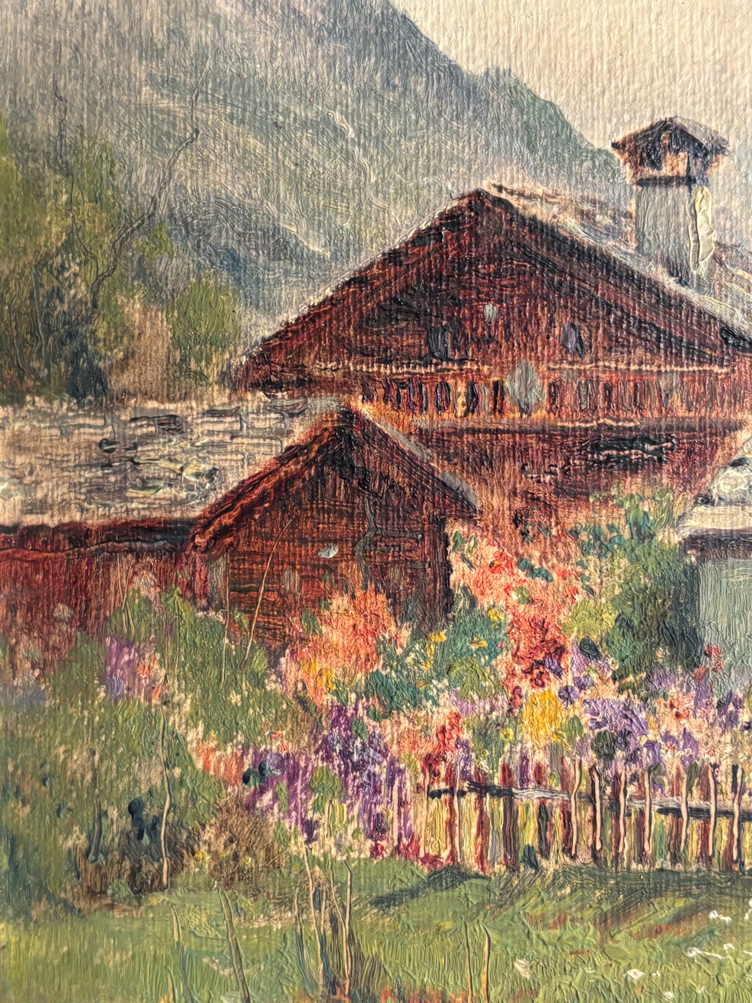 Oil Painting on Cardboard of Mountain Huts by G. Colino 1950s