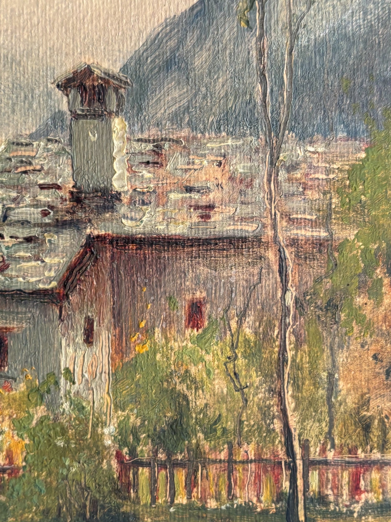 Oil Painting on Cardboard of Mountain Huts by G. Colino 1950s