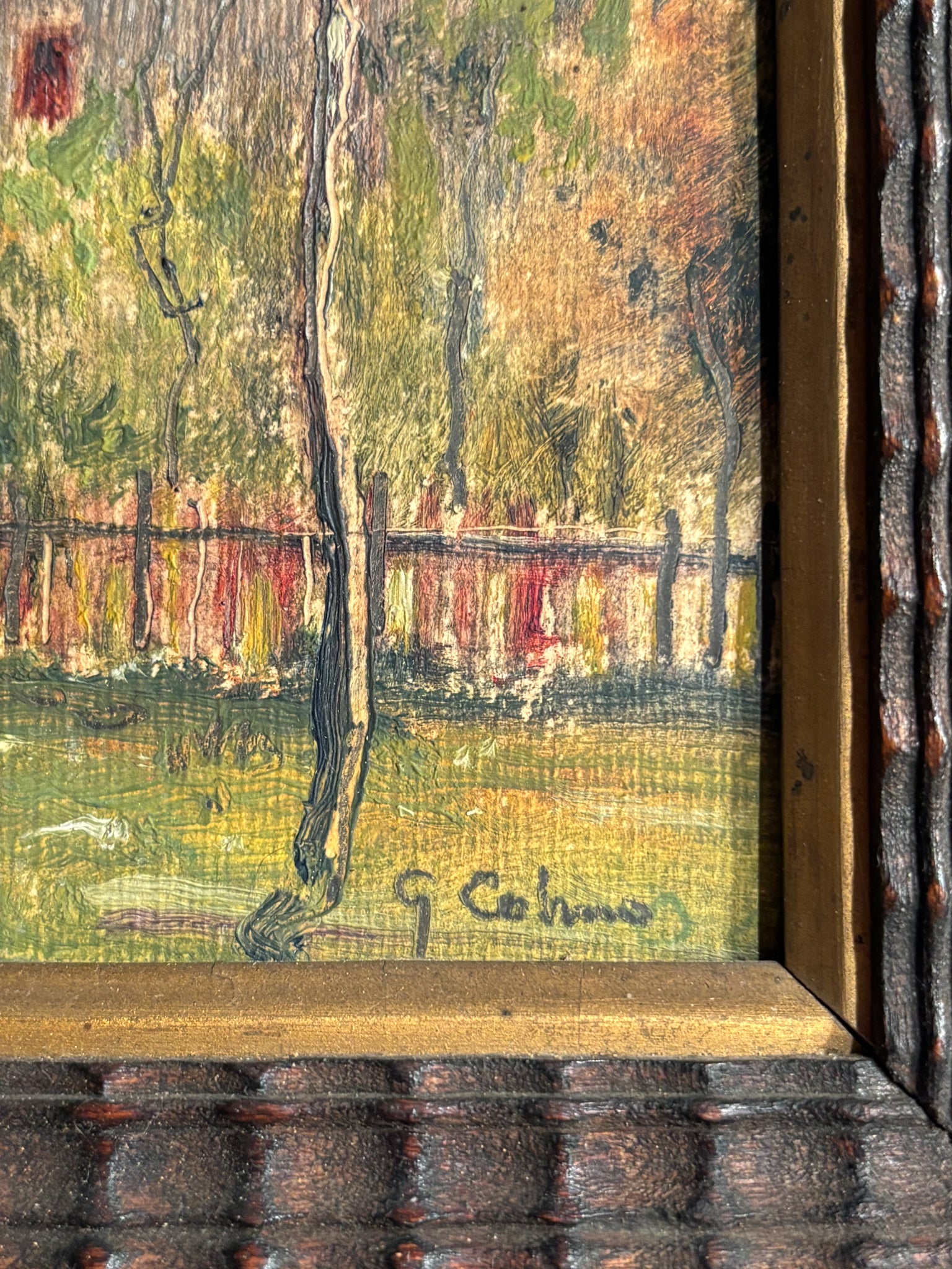 Oil Painting on Cardboard of Mountain Huts by G. Colino 1950s