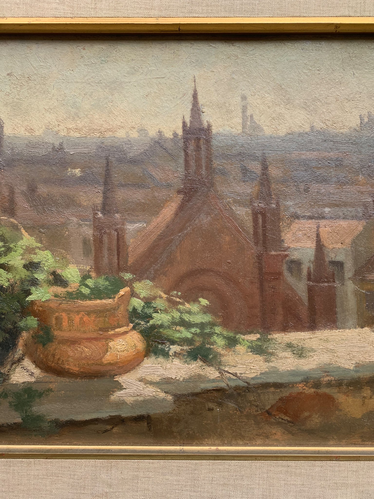 Oil Painting on Panel "Milan from the Terrace" by Alcide Ernesto Campestrini, 1950s