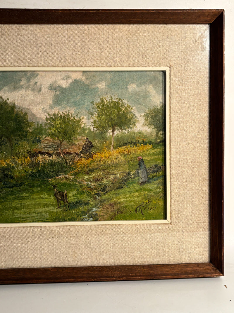 Oil Painting on Plywood of Country Landscape by O. Casali from 1928