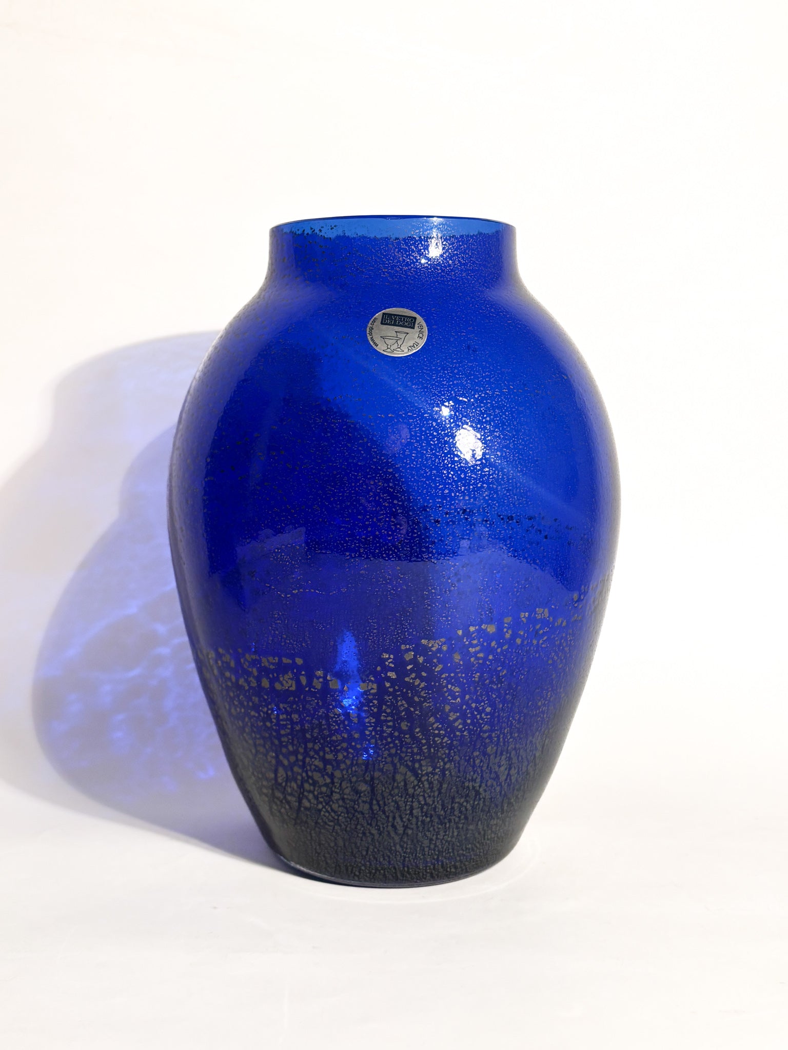 Vaso in Vetro di Murano Blu e Inserti Argentati il Vetro dei Dogi Anni 80