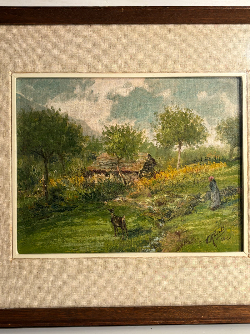 Oil Painting on Plywood of Country Landscape by O. Casali from 1928