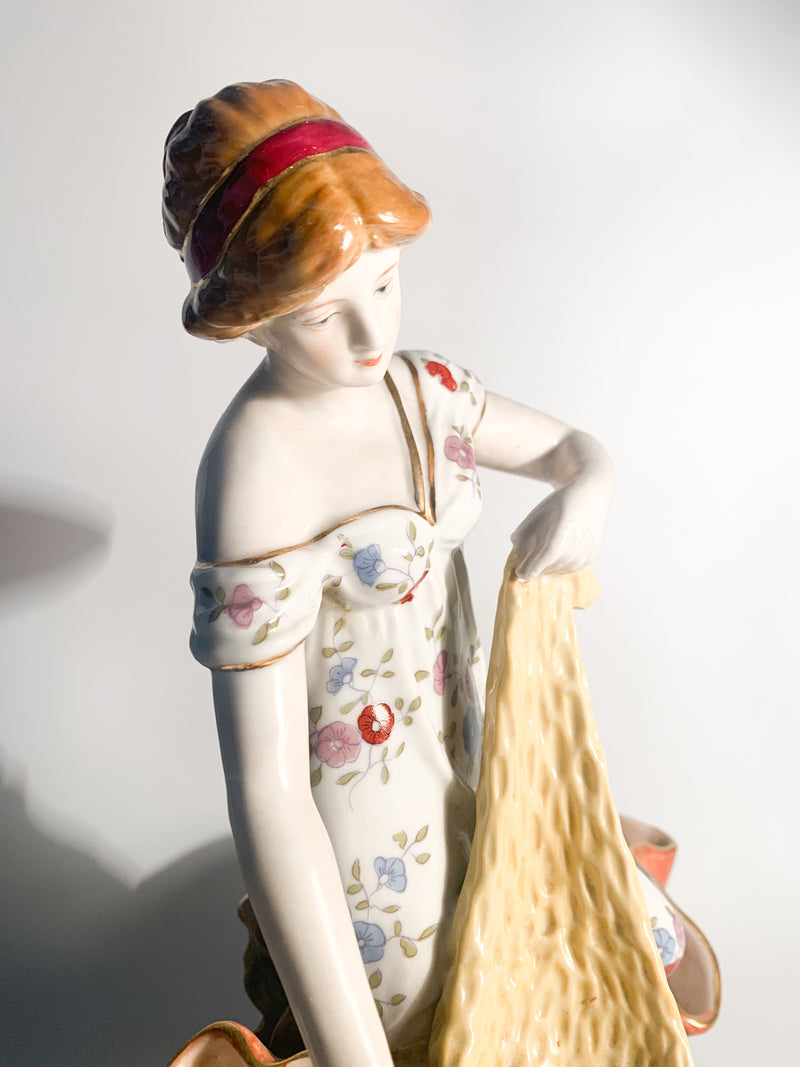 French Ceramic Sculpture of Lady with Baskets from the 1940s